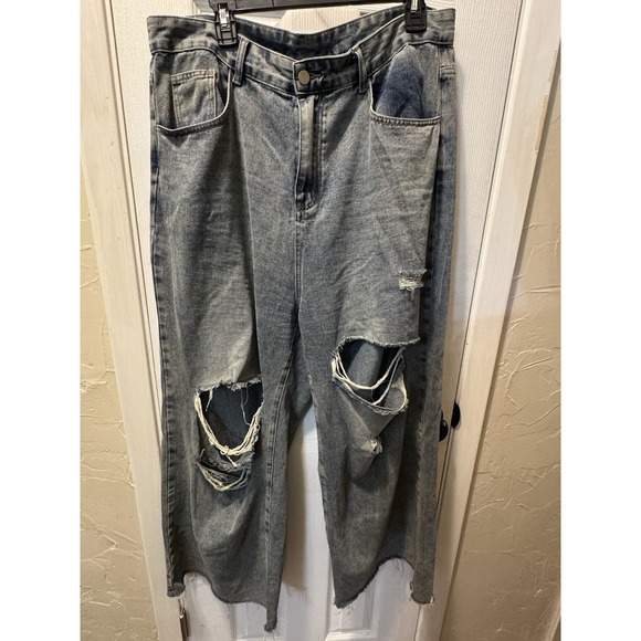 Cider Happy‎ Hour Wide Leg Y2K Style Grunge Ripped Distressed Blue Jeans Sz. 0XL - Picture 1 of 5